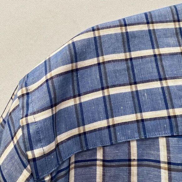 Maker & Company Linen Cotton Blend Blue Plaid Button Front Casual Shirt Size L - Picture 6 of 8